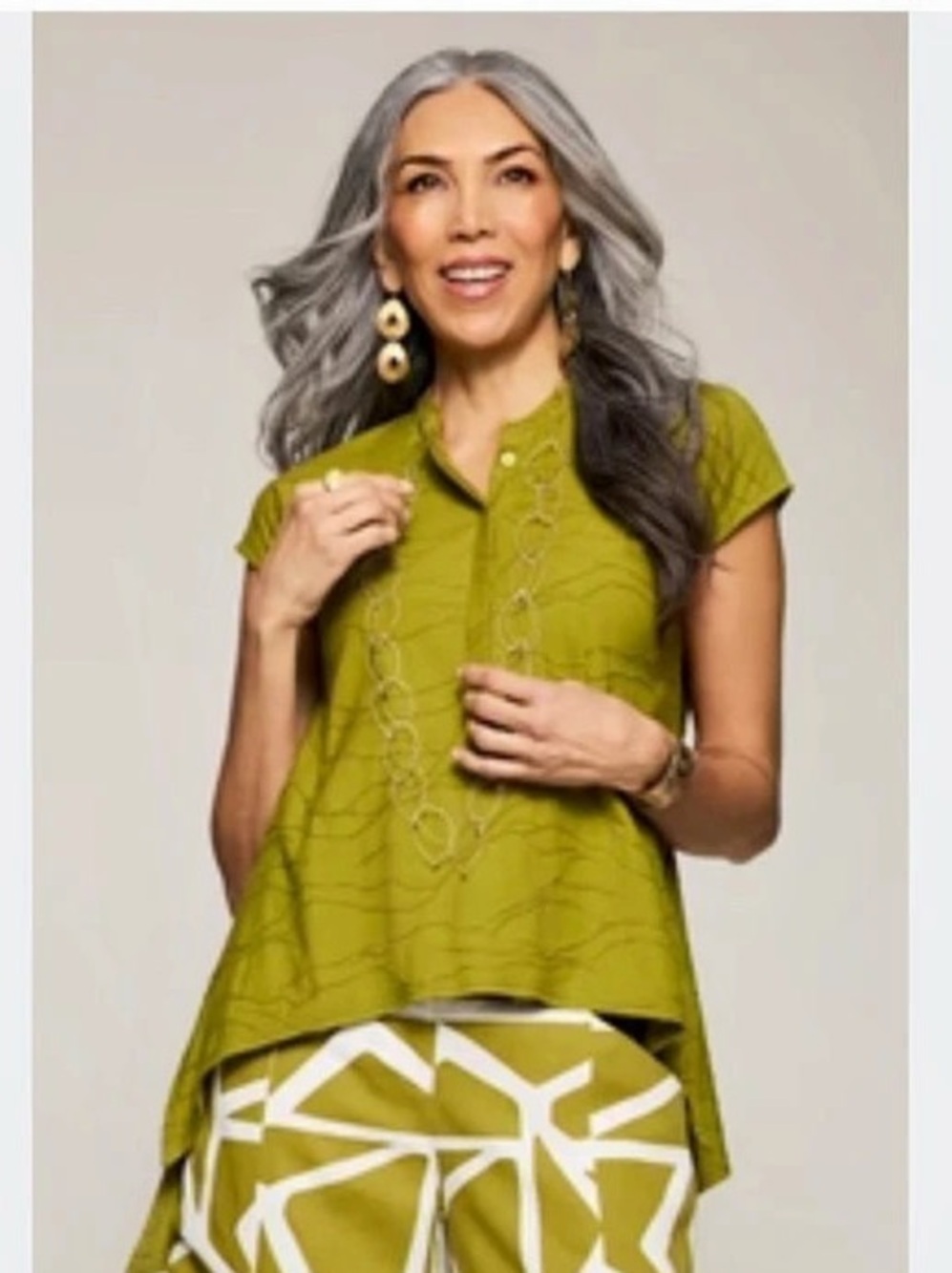 Lisa Bayne Sculpted Cotton Sleeveless Top Abstract Green Tunic Size Large